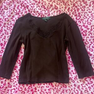 Brown Lace Trim Ralph Lauren V-Neck Large Whimsical